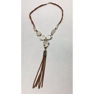 Slab Stone And Brown Leather Necklace With Tassel 24”